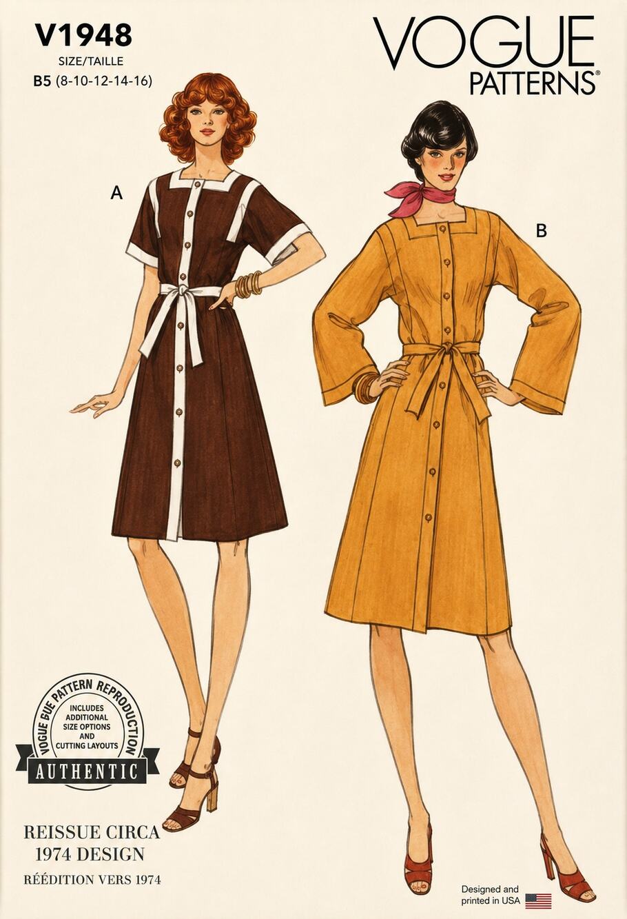 Sewing Pattern Vogue V1948 Vintage 70s Shirt Dress Square Collar 8-16 Uncut FF